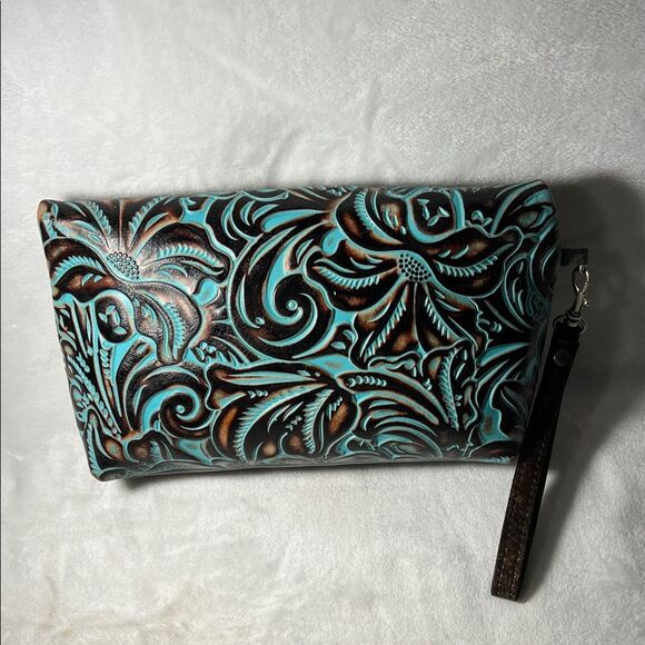 Patricia Nash Valerie Turquoise and Brown Fold Over Wristlet Clutch - Picture 3 of 12